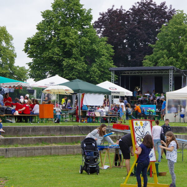 Das Bild zeigt die Seewiese in Friedberg mit mehreren Imbiss- und Getränkeständen sowie einer Bühne.