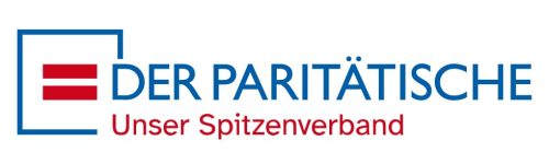 Logo des Paritätischen Wohlfahrtverbandes. Links blaues Quadrat in der Mitte vom Quadrat zwei rote Striche. Zu lesen ist. Der Paritätische. Unser Spitzenverband.